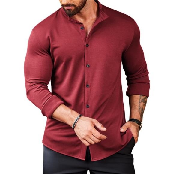 Mens Muscle Fit Dress Shirts Wrinkle Free Wine Red